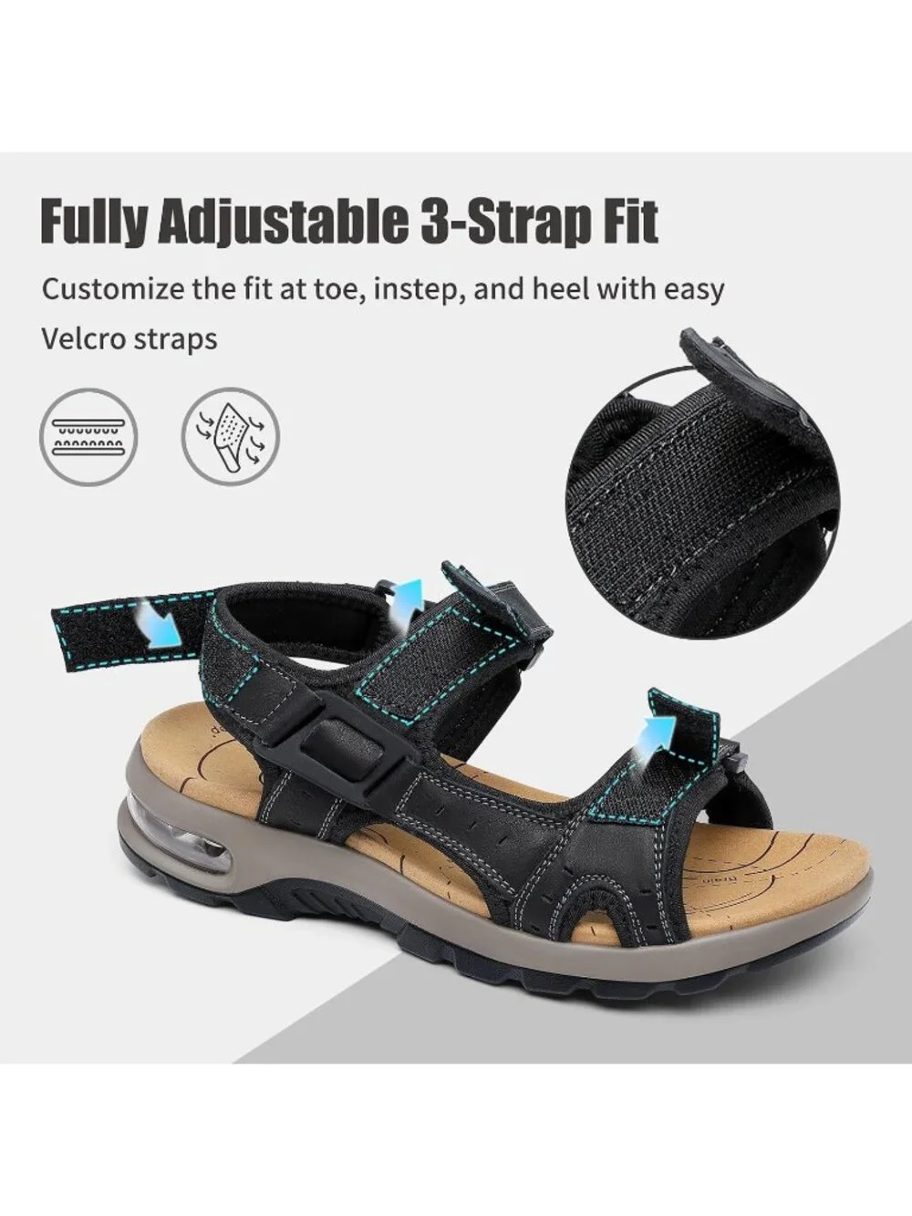 Men's Black Arch Support Outdoor Non Slip Athletic Durable Hiking Sandal Shoes